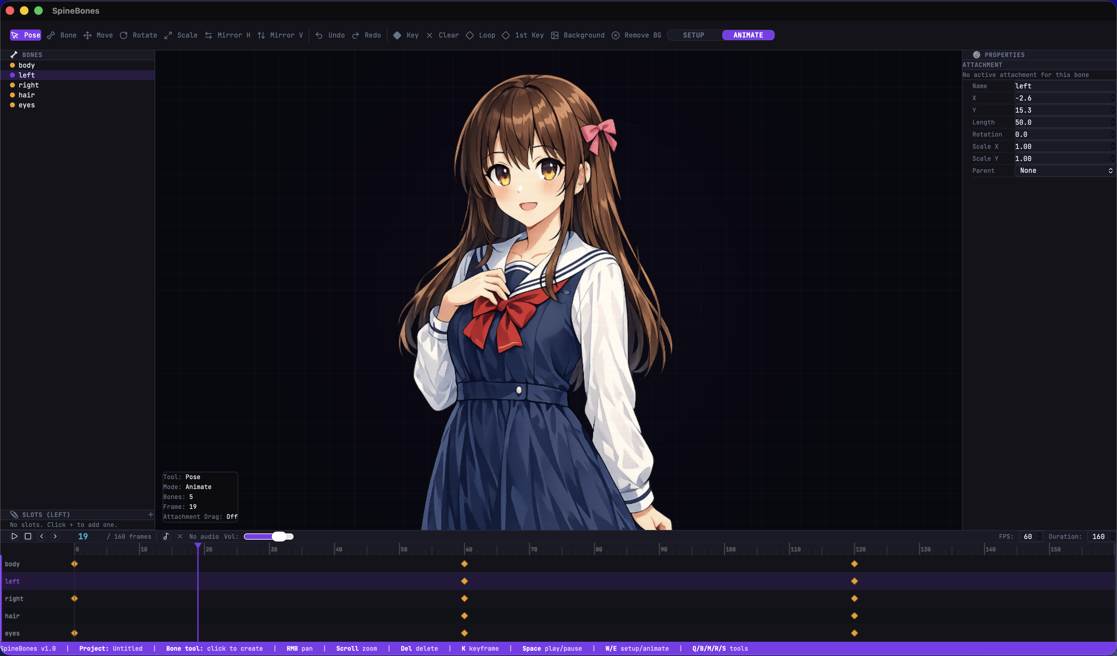 SpineBones editor showing a character rig, side panels, properties, and animation timeline
