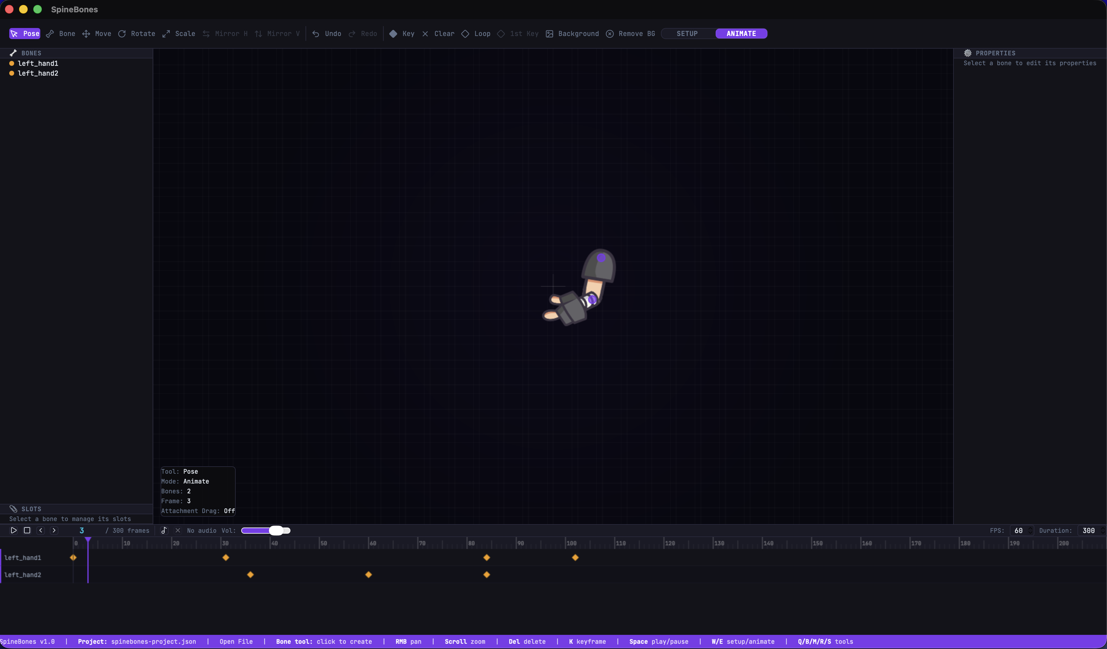SpineBones editor showing a compact hand rig with keyframes